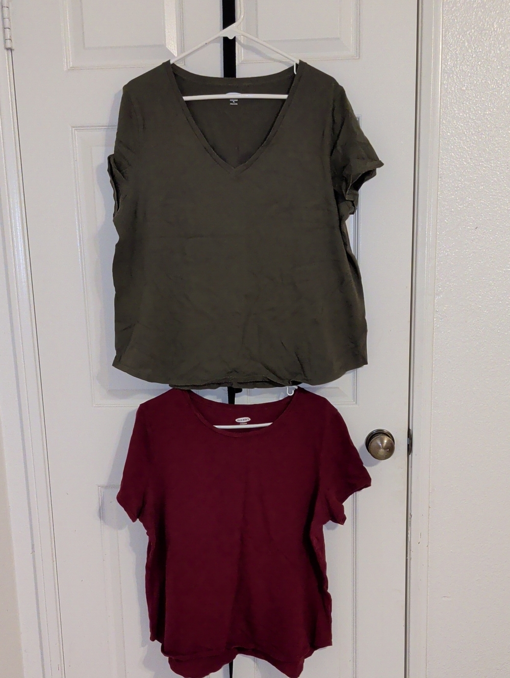 Old Navy Olive V-Neck Short Sleeve Top and Burgundy Crew Tee Duo